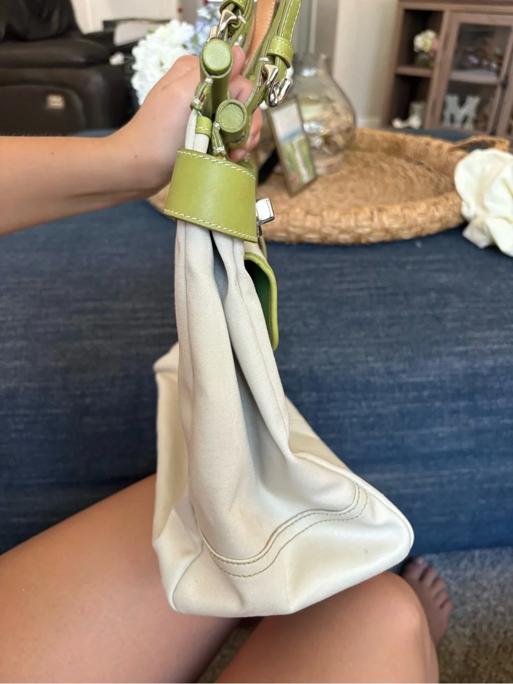 Coach Cream and Light Green Tote with Buckle Detail